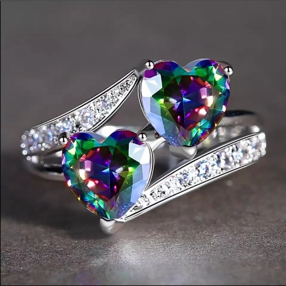 New beiver double heart rainbow cz ring - Picture 2 of 3